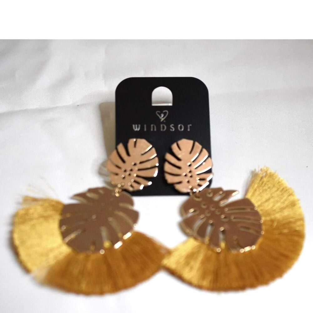 NWT Windsor Monstera Gold Tone Leaf/Tassel 3.5" Dangle Post/Stud Diva Earrings